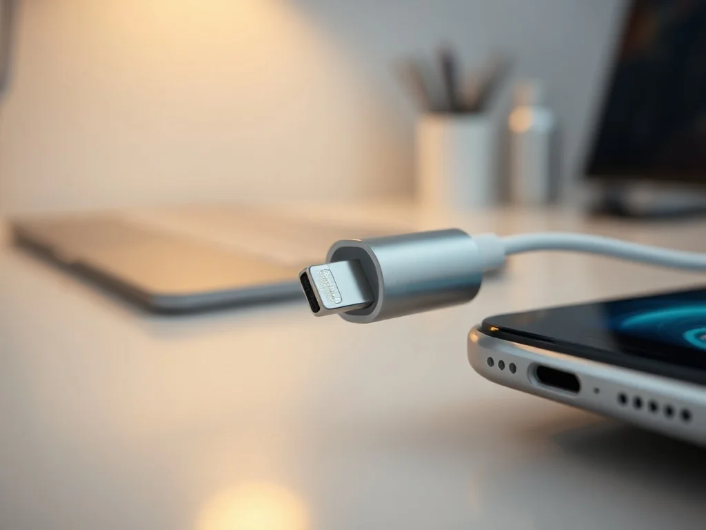 Zbliżenie na port ładowania Lightning w smartfonie iPhone 14 oraz końcówkę kabla przygotowaną do podłączenia.