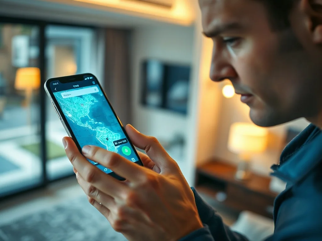 Mężczyzna trzymający smartfon z wyświetloną mapą, co ilustruje proces lokalizowania urządzenia za pomocą aplikacji.