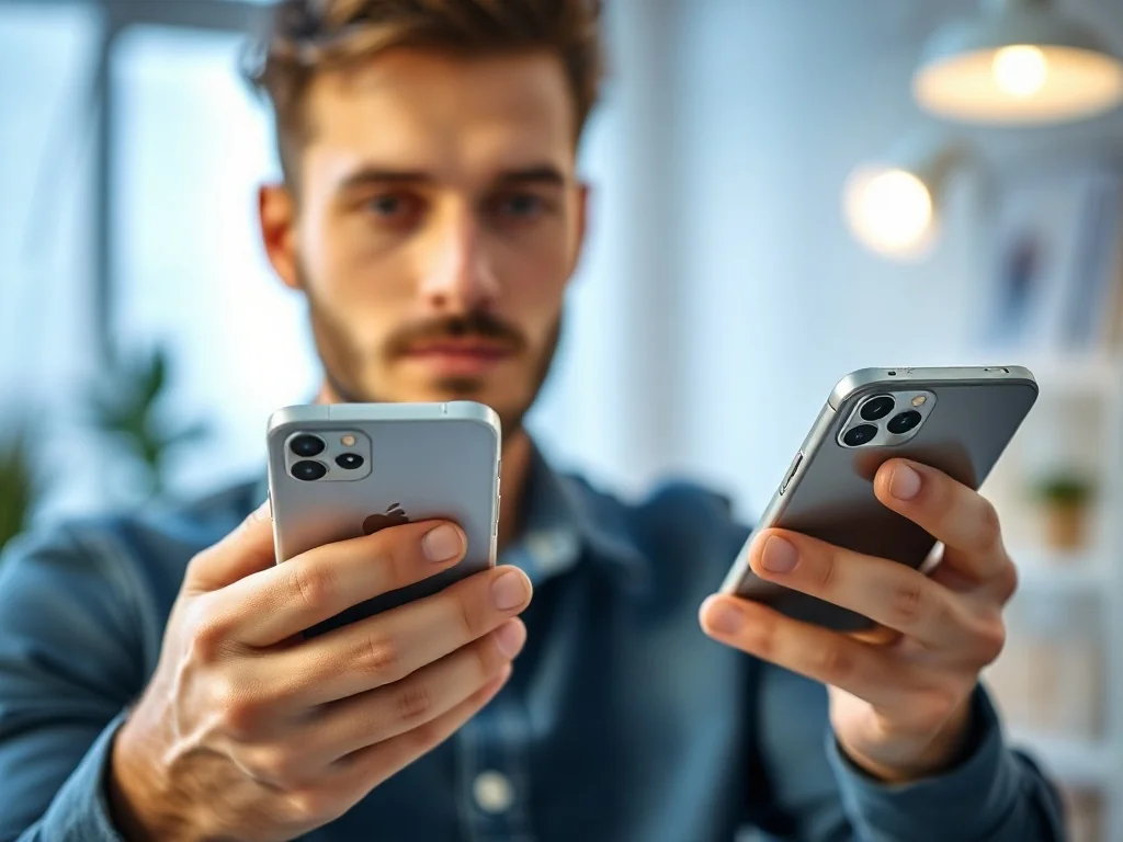 Mężczyzna trzymający smartfon z systemem Android oraz iPhone’a, prezentujący proces bezprzewodowego przesyłania danych.