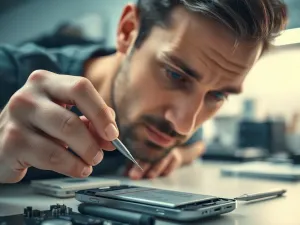 Nowoczesny smartfon leżący na minimalistycznym drewnianym biurku w jasnym domowym biurze.