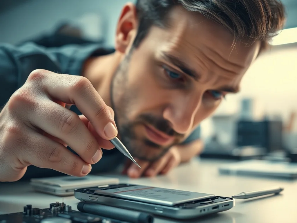 Serwisant precyzyjnie wymienia baterię w nowoczesnym smartfonie przy użyciu profesjonalnych narzędzi.