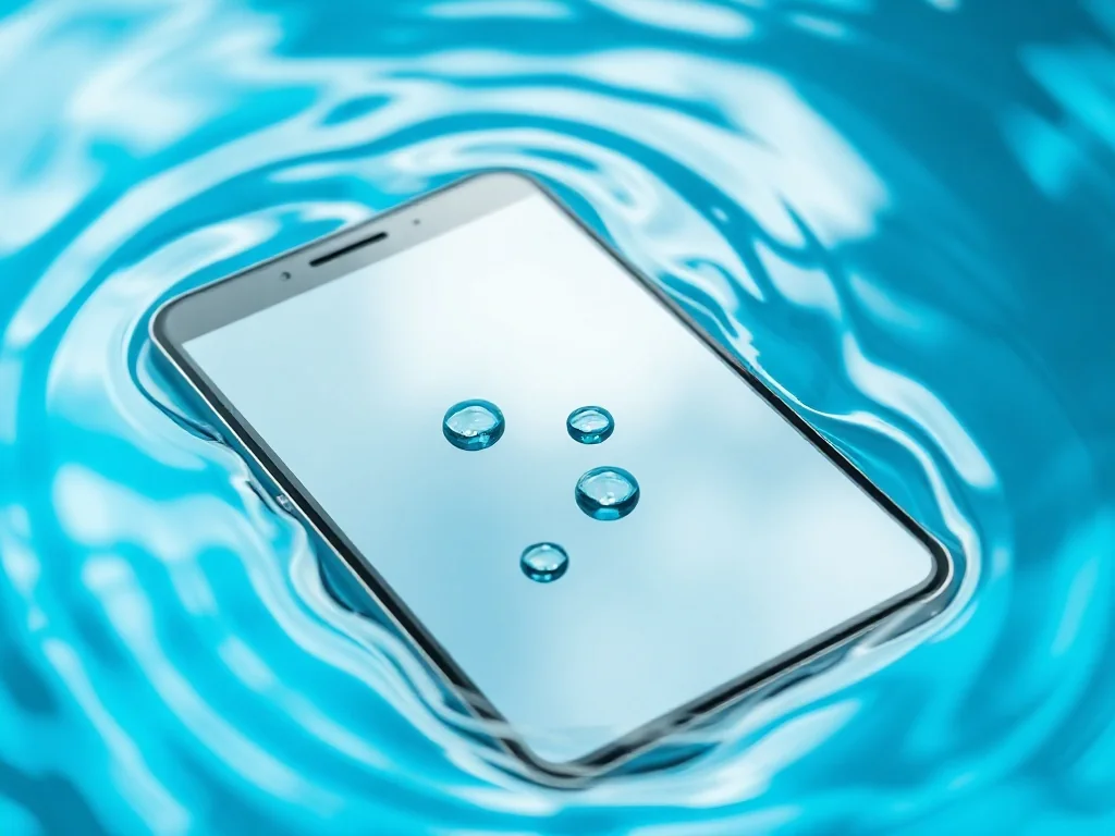 Smartfon częściowo zanurzony w czystej wodzie z widocznymi kroplami na ekranie, ilustrujący odporność urządzenia na ciecze.