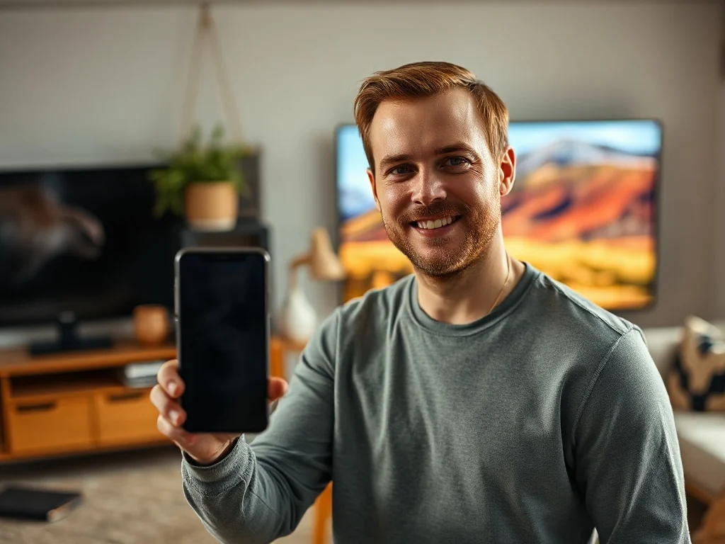 Mężczyzna trzymający iPhone’a w nowoczesnym salonie, przygotowujący się do udostępnienia ekranu na telewizorze.