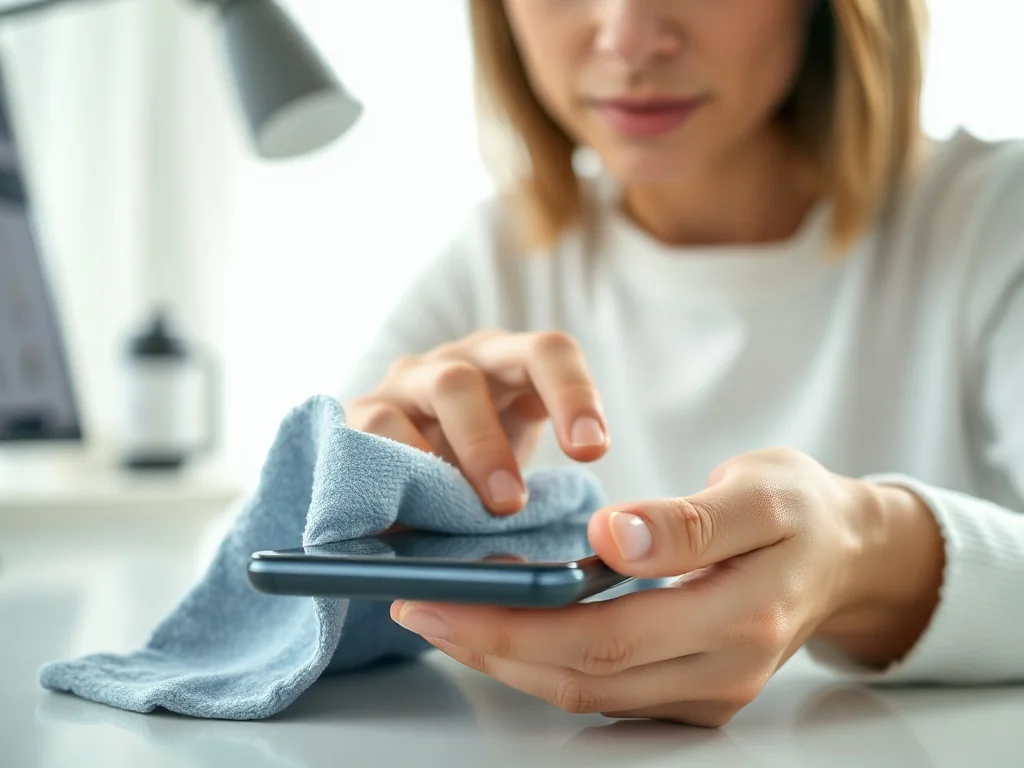Osoba czyści ekran smartfona miękką ściereczką z mikrofibry, dbając o higienę i estetykę urządzenia.