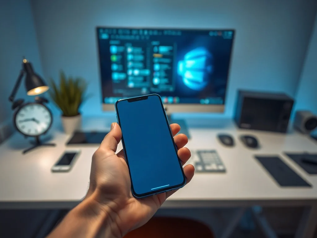 Dłoń trzymająca nowoczesny smartfon na tle minimalistycznego biurka, podkreślająca estetykę i design urządzenia.