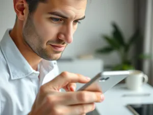 Zadowolona kobieta korzystająca ze smartfona w jasnym, minimalistycznym biurze.