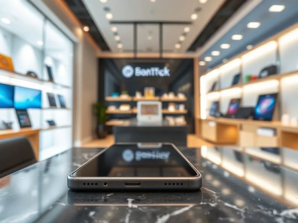 iPhone 16 Pro Max z tytanową obudową na marmurowym blacie w nowoczesnym wnętrzu sklepu z elektroniką.