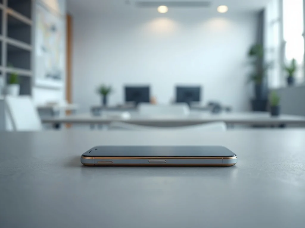 Elegancki smartfon iPhone 15 leżący na matowym biurku, ukazujący smukły profil i metaliczne wykończenie urządzenia.