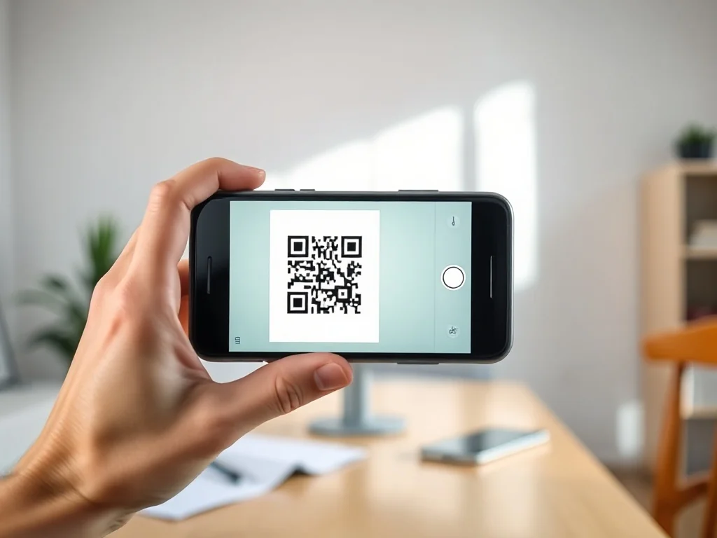 Dłoń trzymająca iPhone'a skanującego kod QR z wydrukowanego dokumentu w jasnym biurze.