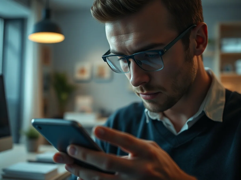 Mężczyzna konfigurujący ustawienia chmury na swoim smartfonie w nowoczesnym biurze domowym.
