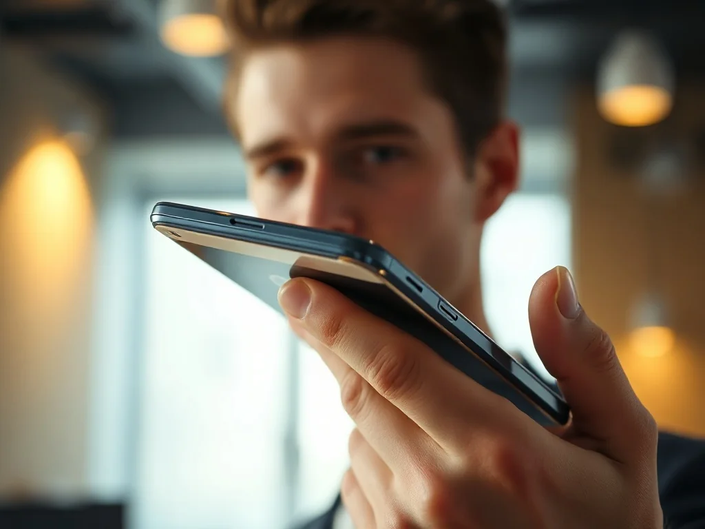 Mężczyzna trzyma w dłoni nowoczesny smartfon iPhone 12 na tle minimalistycznego biura.