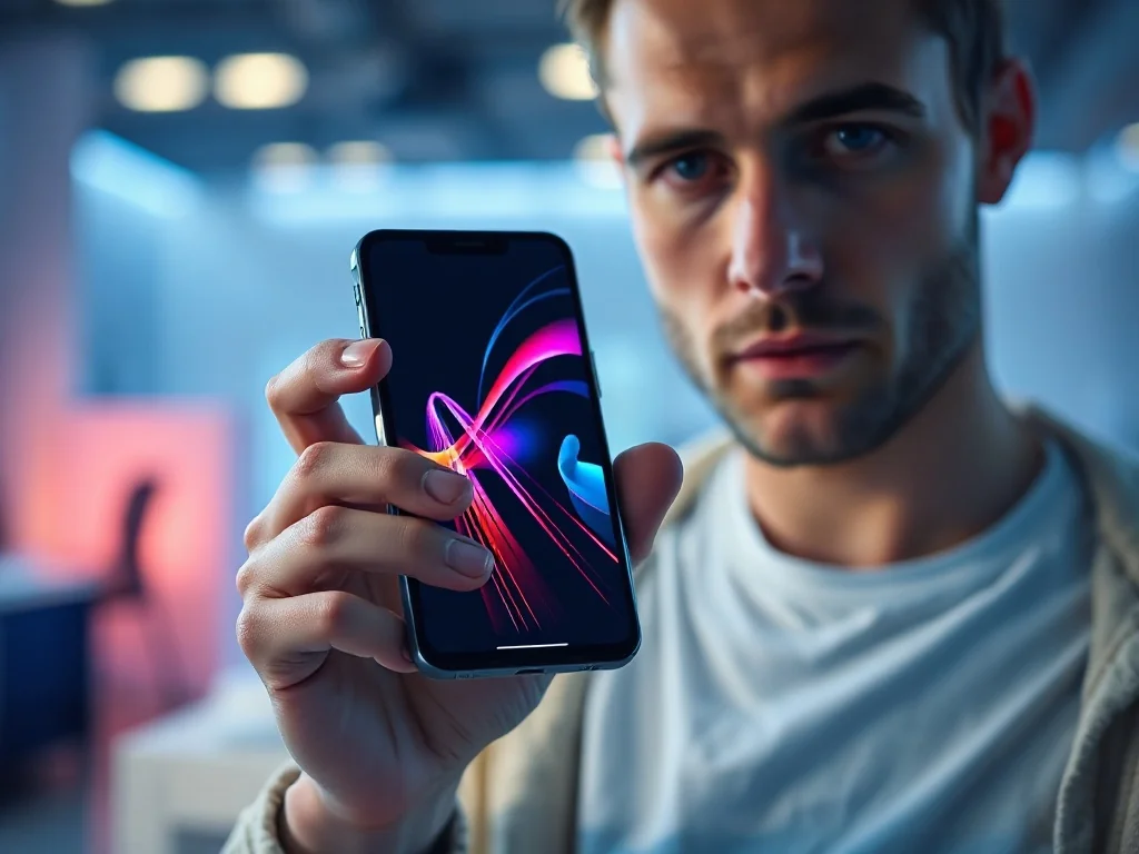 Mężczyzna trzyma nowoczesny smartfon z wyświetlaczem prezentującym wyrazistą, wielokolorową grafikę abstrakcyjną.