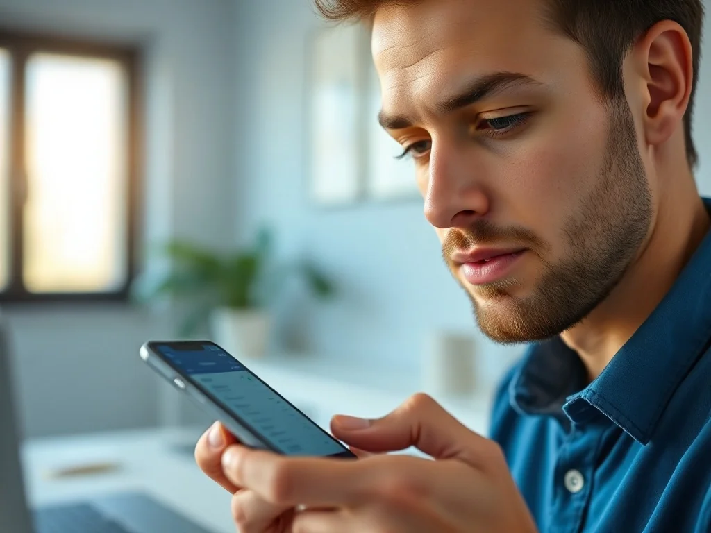 Mężczyzna trzymający iPhone’a i przeglądający ustawienia telefonu w jasnym, nowoczesnym biurze.