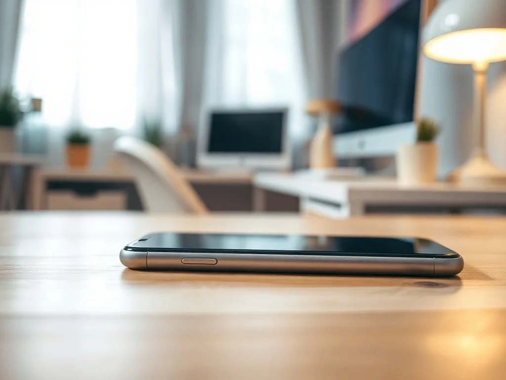 Nowoczesny smartfon leżący na minimalistycznym drewnianym biurku w jasnym domowym biurze.