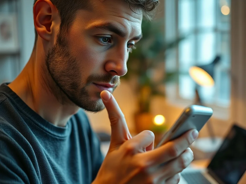 Mężczyzna dotyka ekranu smartfona, uruchamiając funkcję nagrywania w domowym biurze.