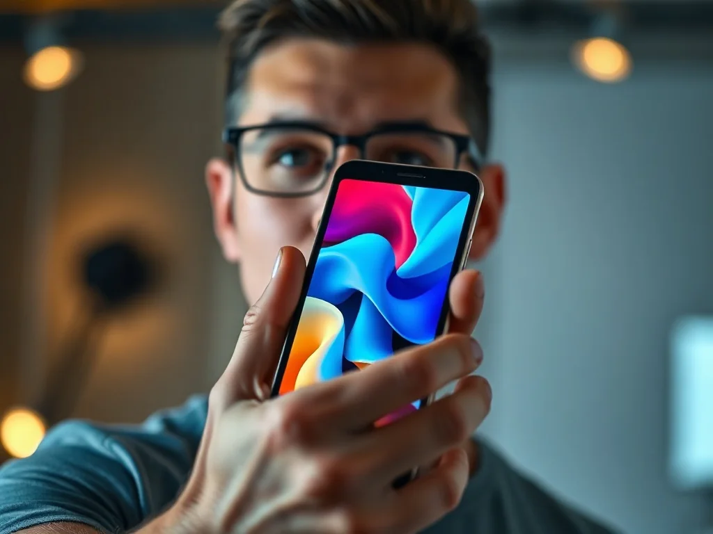 Mężczyzna trzyma w dłoni nowoczesny smartfon z kolorowym wyświetlaczem w minimalistycznym studiu technologicznym.