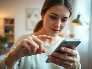 Mężczyzna obsługuje nowoczesny smartfon, dotykając ekranu w minimalistycznym biurze. Ilustracja procesu resetowania iPhone'a.
